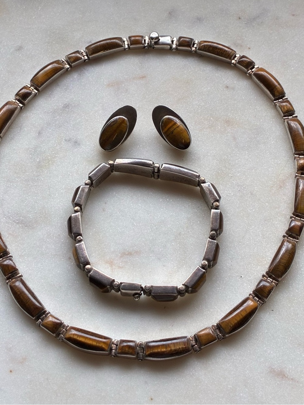 TAXCO 950 Silver Tiger Eye Necklace, Bracelet & Earring Set